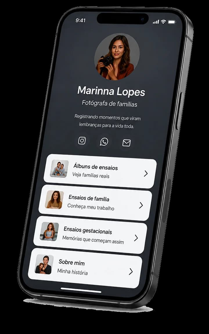 Prévia de uma bio de fotógrafa aberta no celular